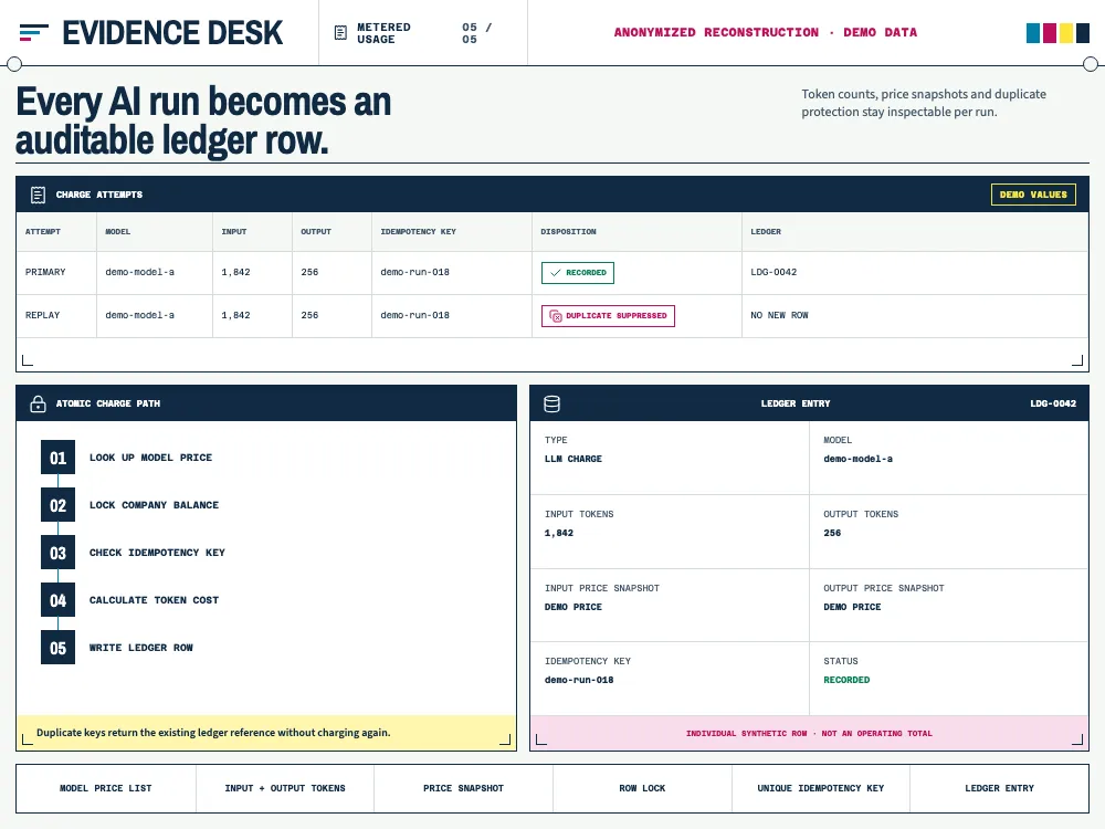 Anonymized Enterprise RAG reconstruction showing token counts, price snapshots and duplicate-charge protection in a ledger